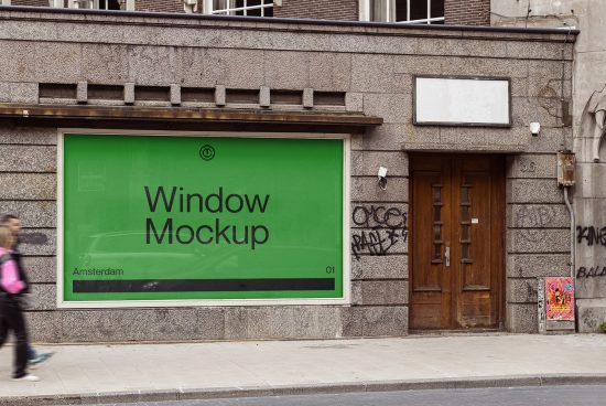 Urban street window mockup featuring a large billboard for advertising or branding design presentations, set in an architectural context.